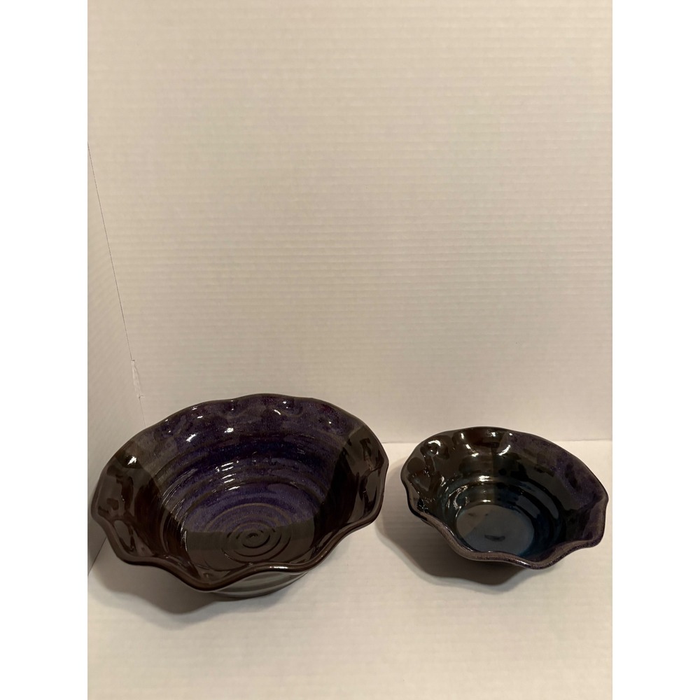Dodge Studio Pottery Ruffled Bowl Set Purpleβ Brown Glaze Signed Handcrafted 2pc